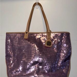 Henri Bendel Purple Sequin Centennial Strip Leather Tote Bag RARE